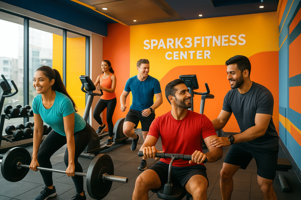 Spark3Fitness Center workout floor with modern equipment, smiling members, and a trainer assisting.
