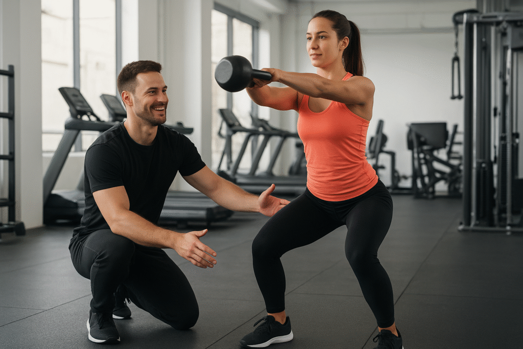 Personal trainer guiding a client through kettlebell swings in a modern gym with cardio and resistance equipment.