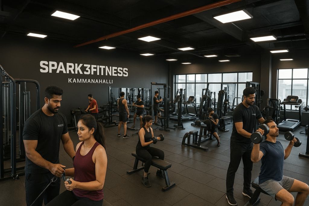 Wide-angle view of Spark3Fitness gym floor in Kammanahalli, with members exercising, trainers guiding, and modern fitness equipment on display.