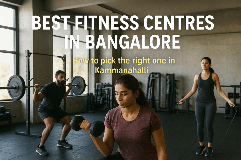 A modern gym in Kammanahalli, Bangalore, with people lifting weights and skipping rope, showcasing fitness training at Spark3fitness Center.