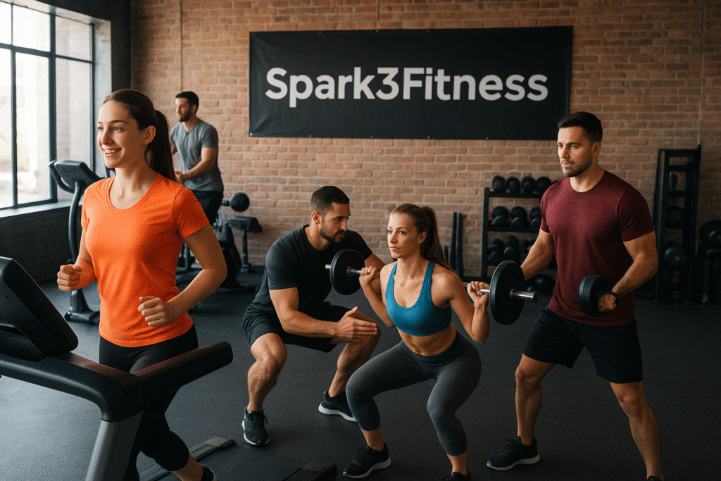 A vibrant fitness studio with people working out under trainer supervision, featuring cardio, weight training, and personal coaching zones with a Spark3Fitness banner.
