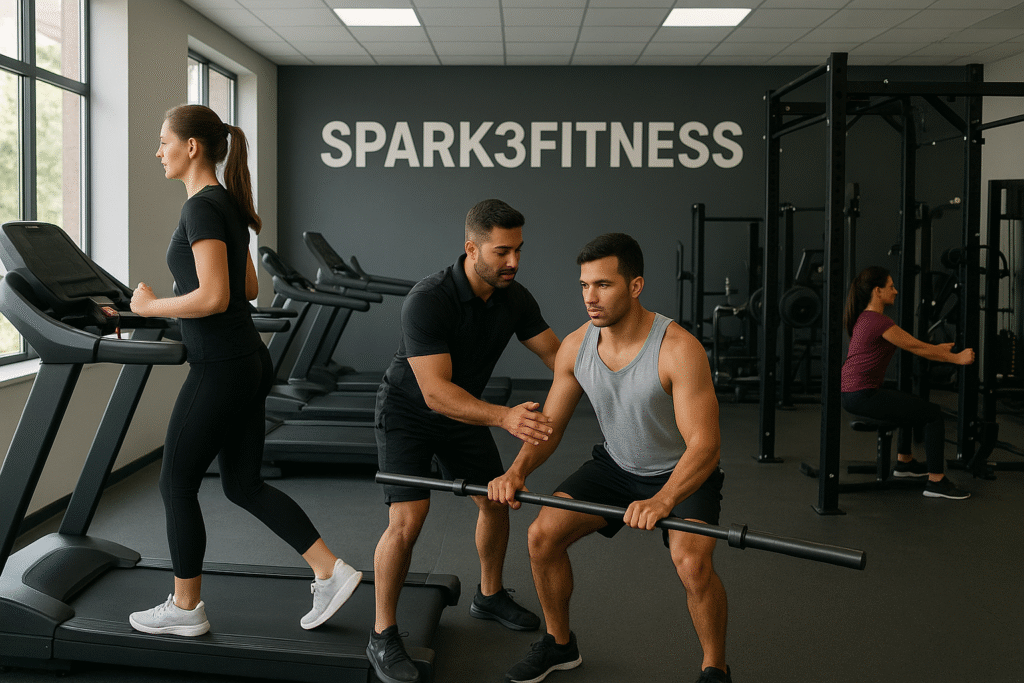 A high-quality image of Spark3Fitness Center with members exercising on treadmills, weight machines, and functional training areas, guided by a trainer assisting a member.
