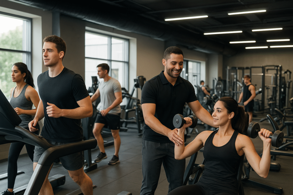 Modern gym interior at Spark3Fitness with people on treadmills, weight machines, and a trainer assisting a member under bright, welcoming lighting.