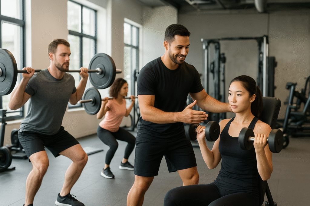 Bright modern gym interior with people performing strength training exercises and a trainer coaching a client.