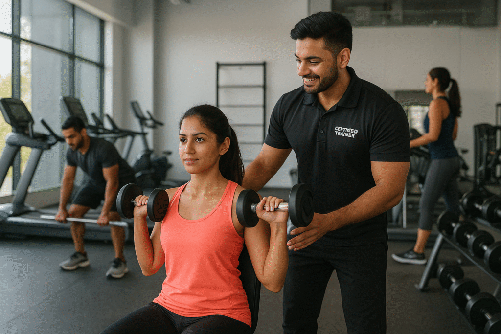 Bright, modern gym interior at Spark3Fitness Center, Kammanahalli — certified trainer guiding a woman doing seated dumbbell shoulder presses.