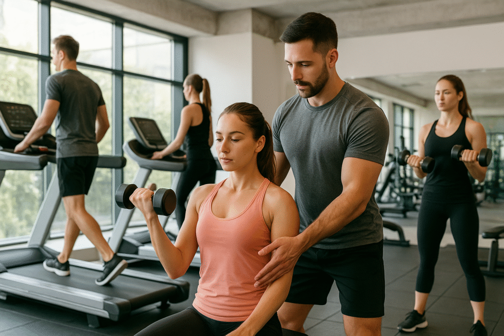 Modern, well-lit gym interior with people on treadmills, members doing strength training, and a trainer assisting a member with proper form.